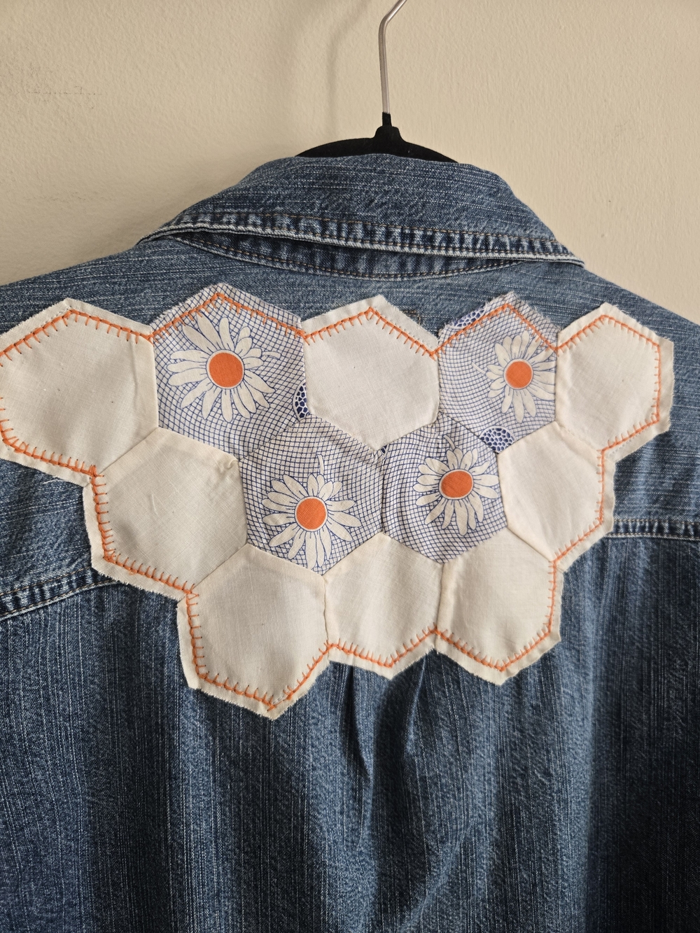 Denim Shirt Jacket w/ Vintage White & Orange Daisy Patchwork